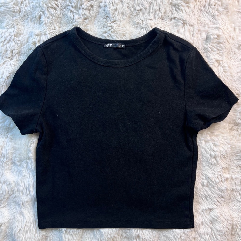 Zara Black Short Sleeve Ribbed Crop Top Crew Neck Slim Fit Size L. A38